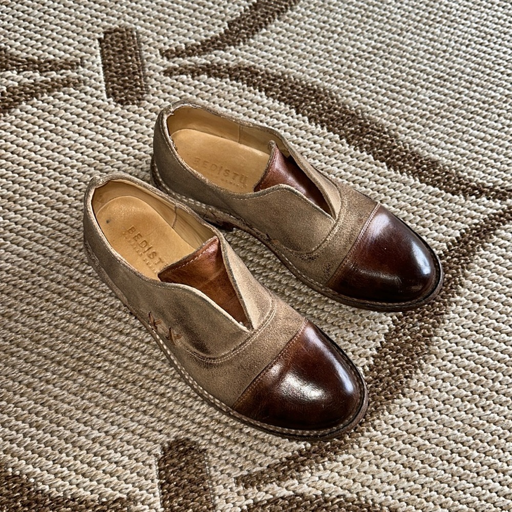 Bed Stu Two-Tone Leather and Fabric Loafers